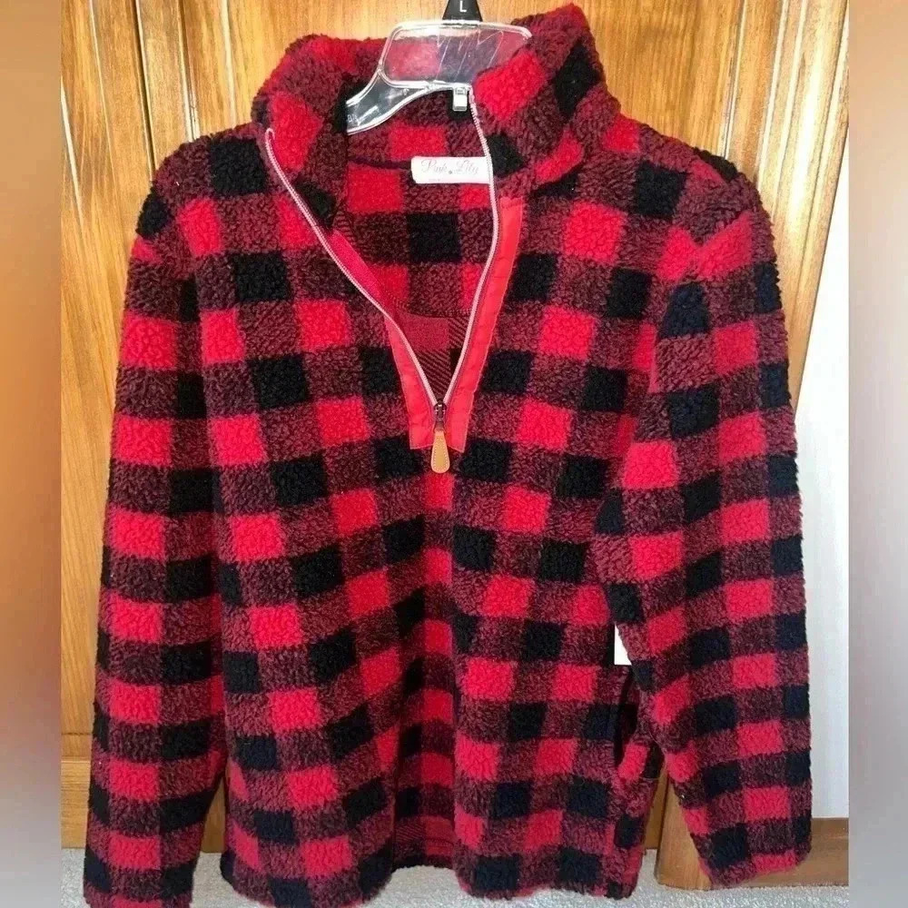 Pink Lily Red Plaid 1/4 Zip Pullover. NWT. SIZE XS